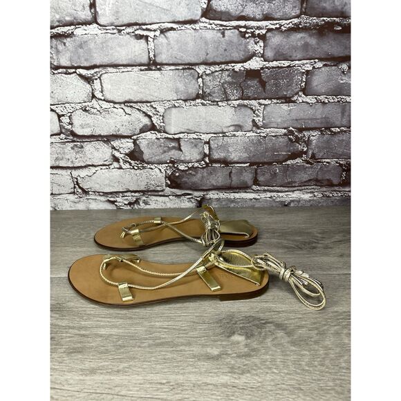 J. Crew Metallic Gold Leather Ankle Wrap Around Sandals Women’s Sz 7.5M US/38EU - Picture 15 of 16